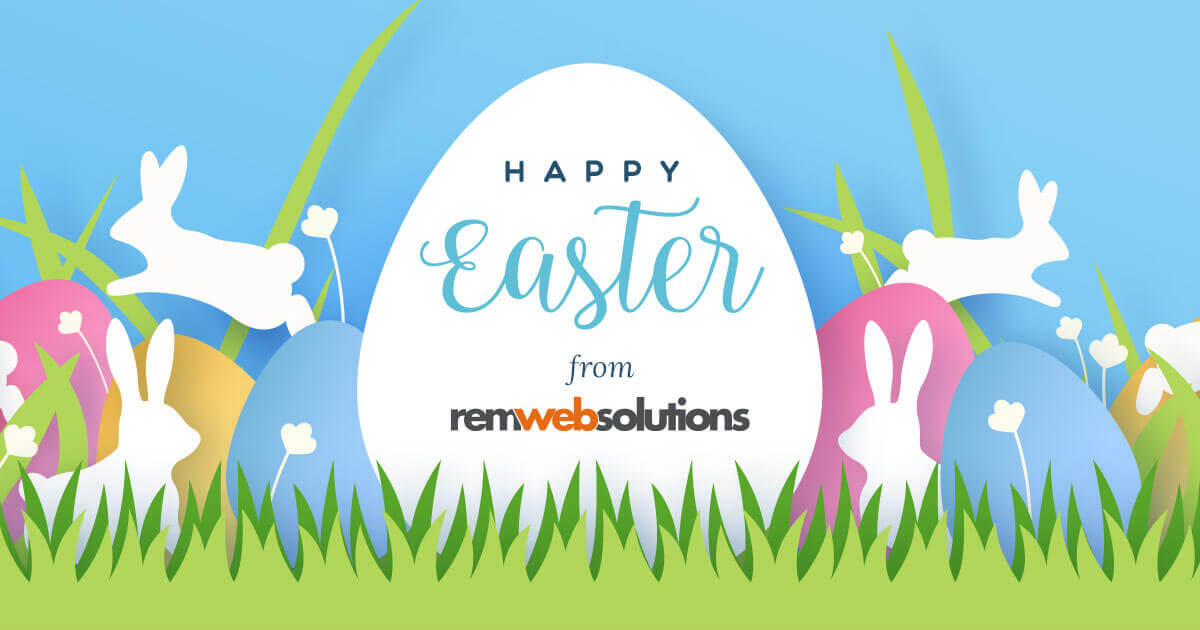 Easter paper-like illustration with bright colours, bunnies, eggs and spring